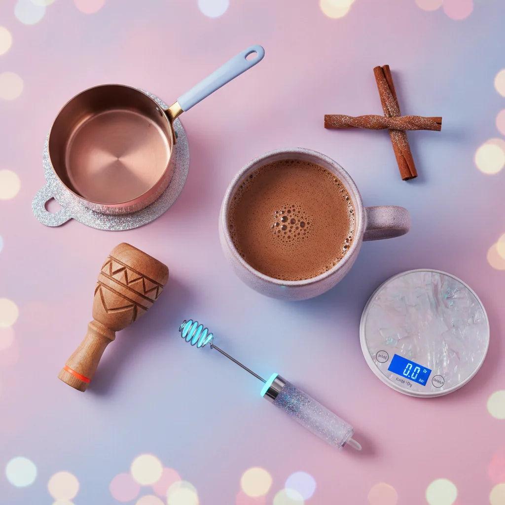 Ceremonial cacao tools flat lay with mug, whisk, and frother