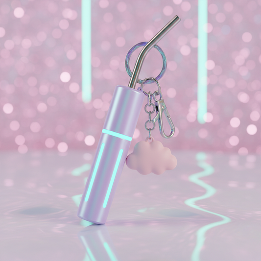 Pastel ravecore BumpStraw with a collectible charm on a holographic keychain clip