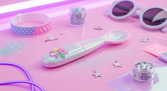 Portable powder spoon with charm accessories on holographic pastel surface — festival flatlay