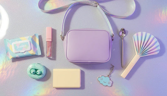 Discreet party accessories laid out as a cute night-out kit on a pastel holographic background