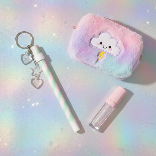 Pastel ravecore keychain accessory showing a discreet powder straw styled with charms and a mini makeup bag