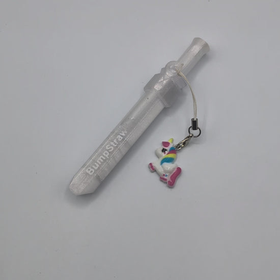 Video of clear BumpStraw bump straw powder spoon with unicorn charm for cacao